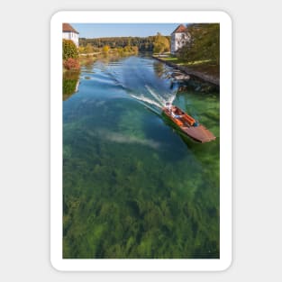 Boat on the Young River Rhine - Rheinau, Switzerland Sticker